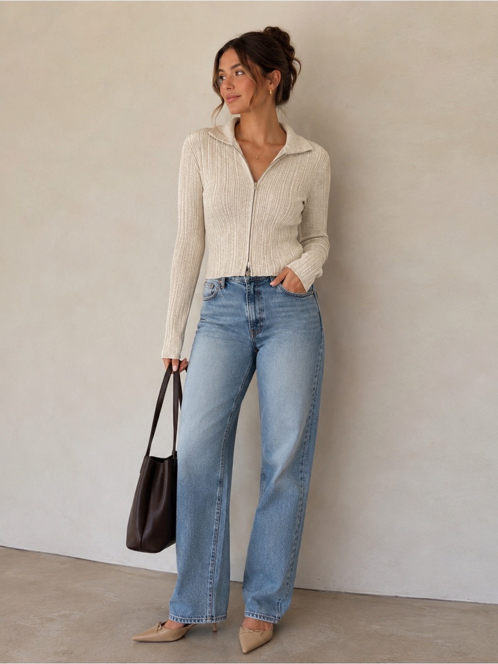 William Rast Ribbed Zip Front Sweater Top Beige Y2K Quiet Luxury Small - Picture 6 of 6